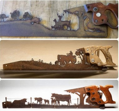 A collection of customizable saw blade wall art featuring elk, cow, tractor, horse, fishing, and hunting designs, perfect for unique home decor