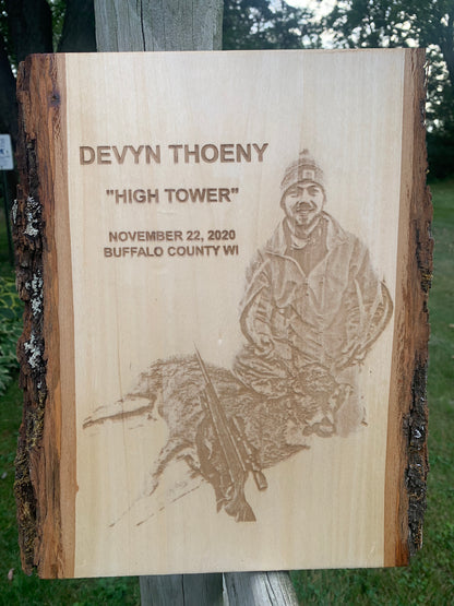 Engraved Deer Hunting Photo | Etched Live Edge Wood Plaque