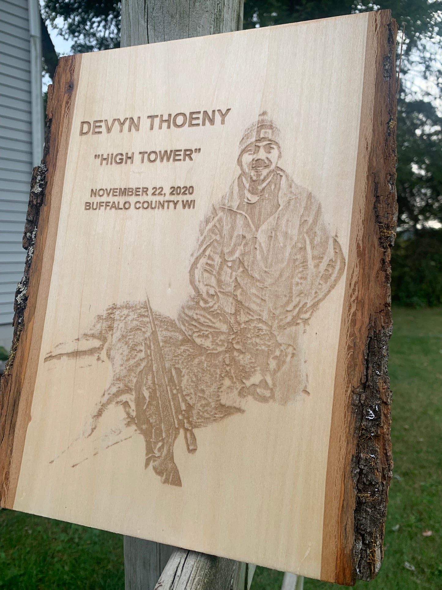 Engraved Deer Hunting Photo | Etched Live Edge Wood Plaque