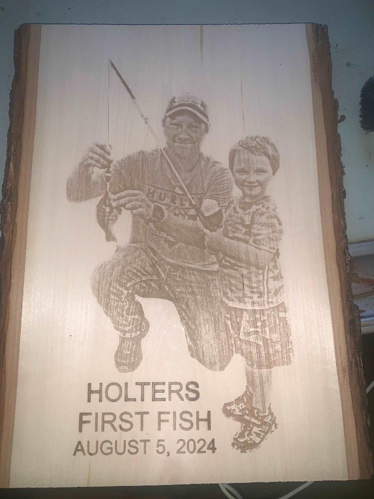 Engraved etched carved wood fishing picture 