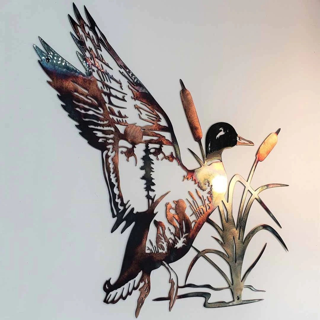 A stunning metal wall art sign featuring a detailed design of a mallard duck, perfect for enhancing rustic decor in living rooms and man caves