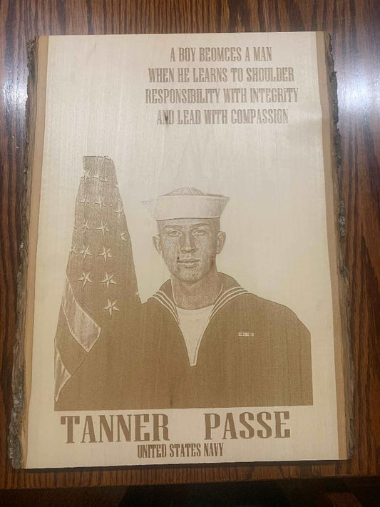 Custom Laser Engraved Etched Carved Live Edge Wood plaque united states military navy picture