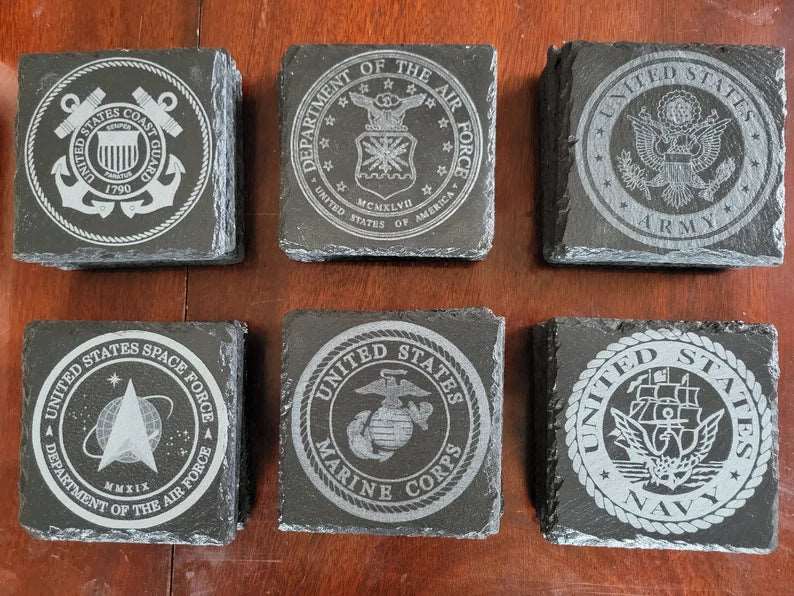 United States military laser engraved etched stone slate coasters 