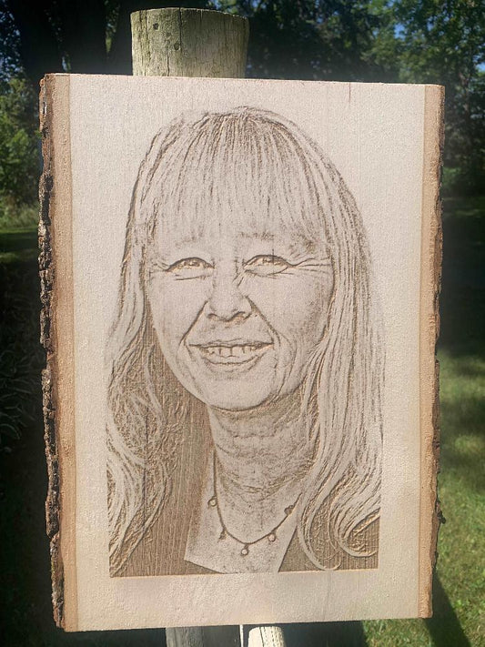 Laser Engraved Etched carved rustic live edge wood personalized picture 