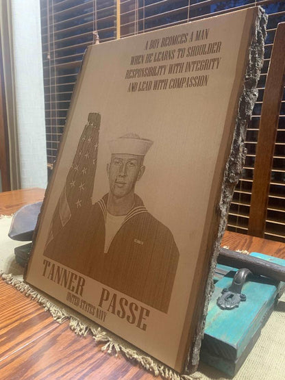Military Navy Rustic Live Edge Wood Engraved Etched Carved personalized Photo